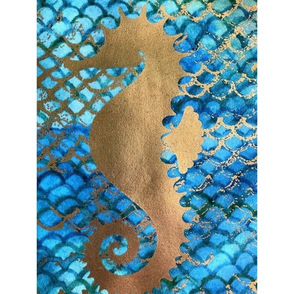 Seahorse Table Runner Blue Green Gold Beach Summer House Patio Nautical 13x72